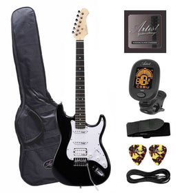 Artist AS1 Black Electric Guitar w/HSS Pickups & Accessories